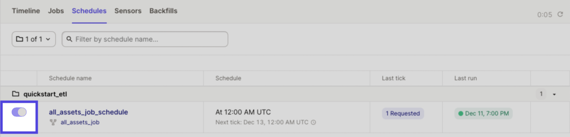 Schedules tab in the Dagster UI