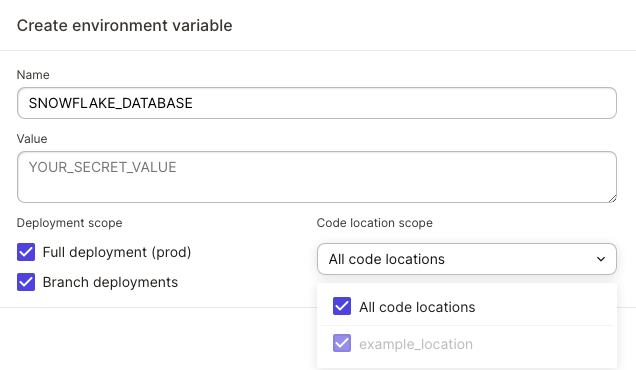 Create new environment variable dialog window in Dagster Cloud