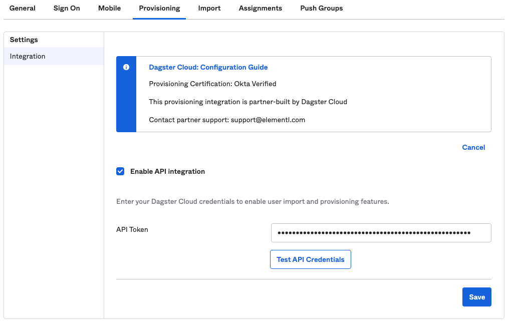 Configured Provisioning tab of Dagster Cloud Okta application