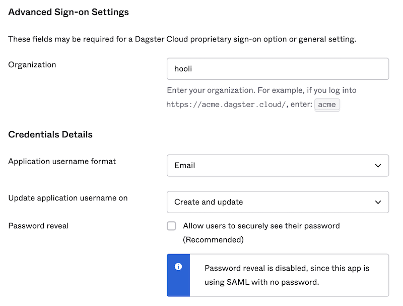 Configured Sign On tab of Dagster Cloud Okta application