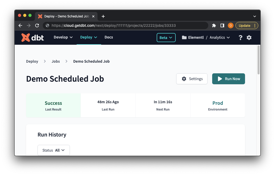 Screenshot of the dbt Cloud console on the job page.